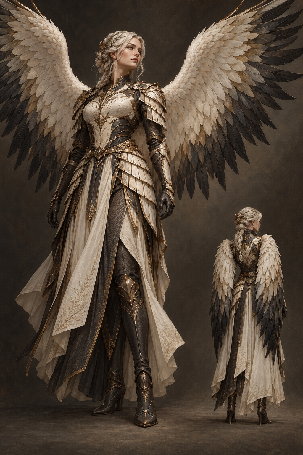 New Eir concept: ivory armor and pale feather wings, with a folded-wing rear study.