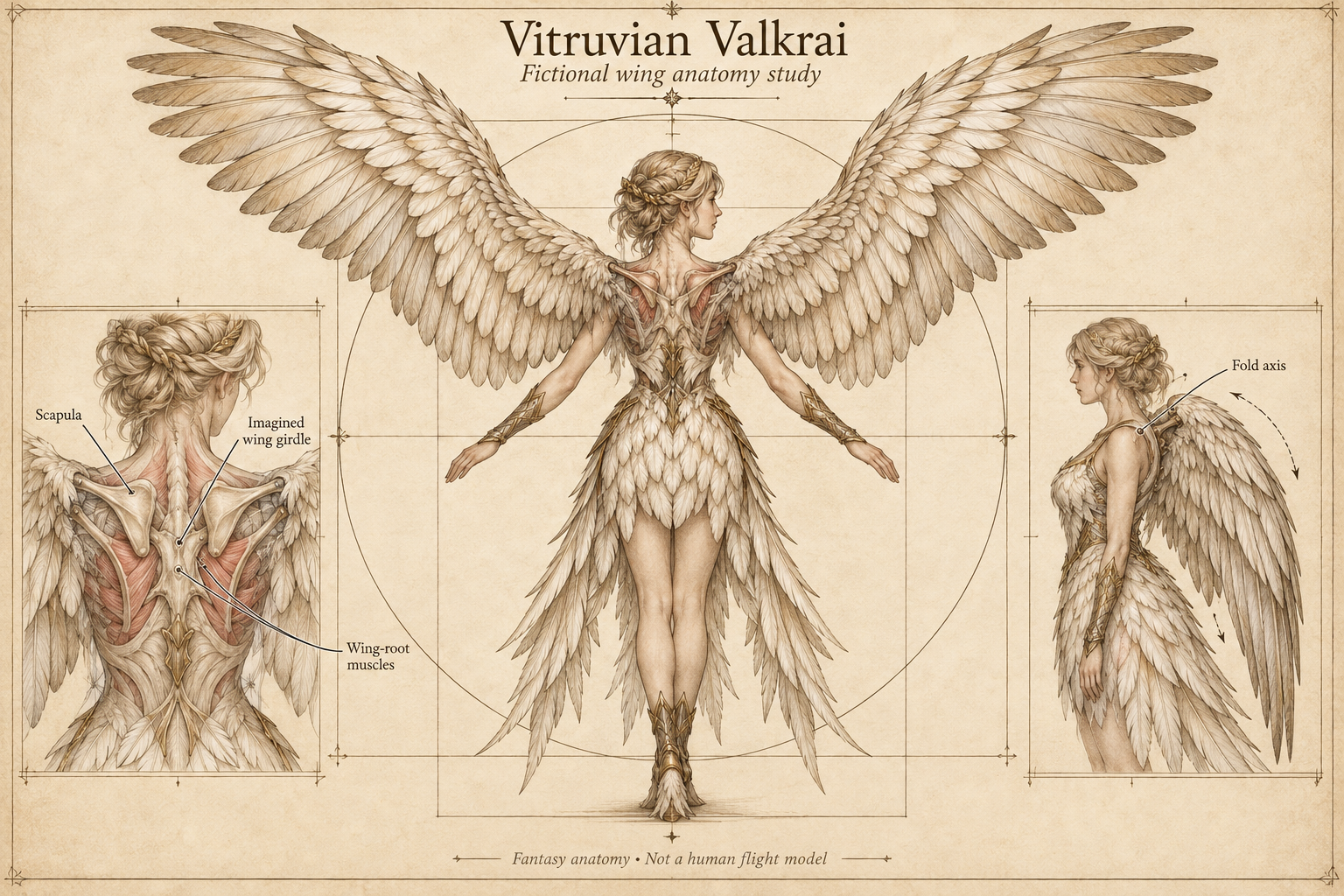 Vitruvian Valkrai: fictional wing anatomy diagram showing an adult female back, imagined extra wing girdle, spread wings and a folded side view, with opaque feather coverage.